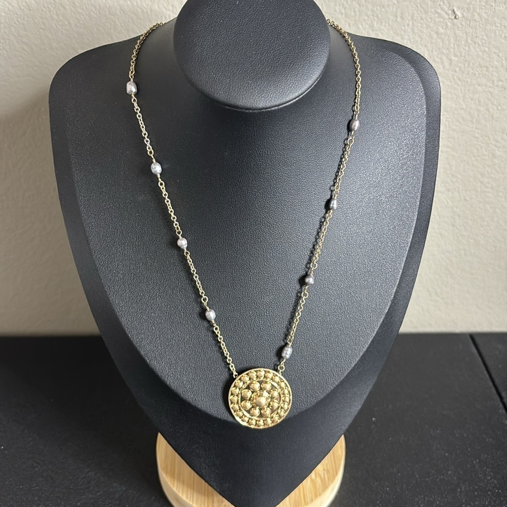 Robert Lee Morris RLM Soho Gold Blue Pearl Embossed Pendant Chain Necklace